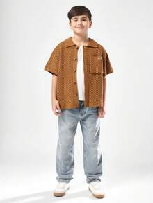 SUMWON Knitted Cardigan Button Down Sweater Short Sleeve Collared Neck Brown Textured Waffle Knit Pattern Front Pocket Casual Outerwear Fall Winter - Brown - View 6