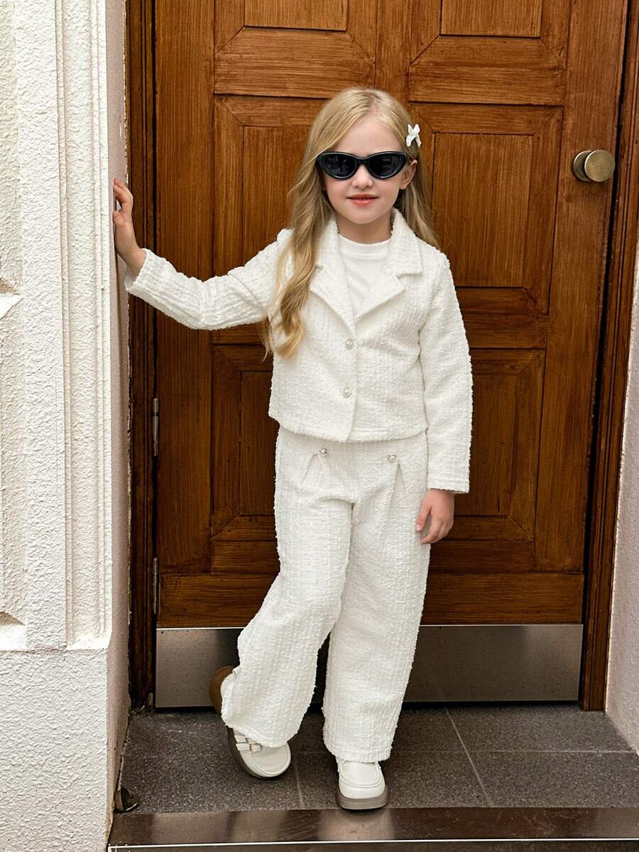 SHEIN Elladie kids Conjunto de jaqueta curta com gola confortável e calça comprida casual para meninas - Branco - Ver 1