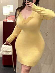 Flirla Robe en tricot casual à manches longues et col V de couleur unie pour femmes grandes tailles, automne - Jaune citron - Voir 2
