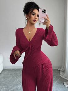 Elenzga 秋季新款法式复古针织纹理弹力休闲日常V领抽绳百褶修身喇叭长袖T恤+直筒阔腿裤两件套女 - 酒紅色 - 查看 7