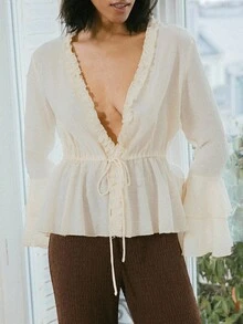 SHEIN Unity 波西米亚风度假雪纺低胸衬衫，荷叶边袖子和系带腰部秋季女装 - 杏色 - 查看 7