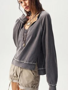 Bohemela Casual Solid Color V-Neck Long Sleeve Loose Washed Women T-Shirt, Suitable For Autumn, Halloween, Christmas, Music Festival Boho