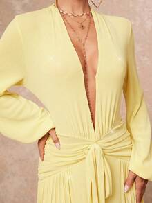 Lumalex 早春闪亮网纱深V领泡泡袖褶皱系带飘逸连衣裙，适合女士，尽显奢华新年新风尚，低调奢华，适合舞会、聚会、宴会、低调奢华、闪耀夺目的节日派对、锐舞音乐节、郊游、度假、户外、婚礼季、宴会、宰牲节、新年派对、晚宴、派对礼服、黄色婚礼宾客礼服 - 黃色 - 查看 9