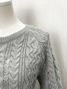 EgrlEra Áo len chui đầu cổ tròn, dáng rộng, rách tua rua, thiết kế thời trang, đa năng, thoải mái khi đi làm, phù hợp cho mùa thu/đông dành cho nữ - Xám - Xem 3