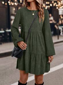EMERY ROSE Women's Solid Color Round Neck Lantern Sleeve Ruffle Hem Casual Short Dress - Army Green - View 5