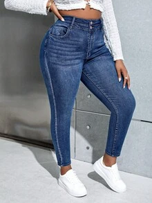 SHEIN PETITE CURVE Quần jean bó cạp cao, túi chéo, đa năng, thường ngày cho nữ cỡ lớn - Rửa trung bình - Xem 6