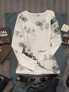 SHEIN EZwear Áo thun nữ tay dài cổ chữ V, tối giản, đa năng, ôm vừa vặn, phù hợp mặc ở sân bay - trắng - Xem 2