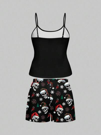 Goth Ensemble de pyjama camisole et short à imprimé tout-sur-tout avec sapin de Noël, crâne, canne à sucre flocon de neige, chapeau de Père Noël crâne, flocon de neige, grande taille, vêtements de nuit décontractés