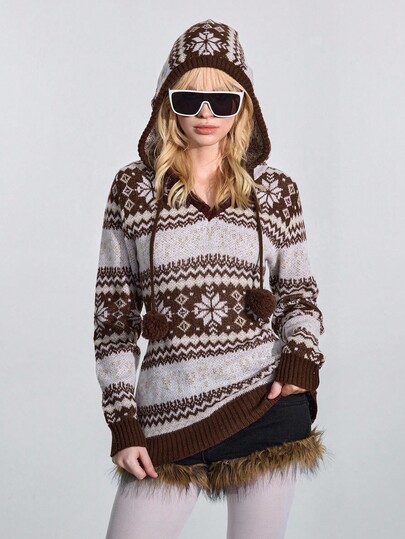 ROMWE Avant Pull à capuche en jacquard à imprimé géométrique de style rétro Fair Isle avec pompon pour femmes