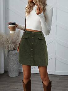 EMERY ROSE Women's Front Button Faux Pocket A-Line Mini Skirt - Army Green - View 5