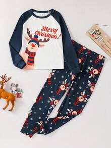 SHEIN 青少年男孩休闲简约圣诞可爱鹿印花舒适长袖圆领睡衣套装，适合秋冬季 - 紅色 - 查看 4