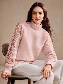 Anewsta 优雅粉色镂空蕾丝高领柔软女士毛衣，秋冬 - 淡紫色 - 查看 3