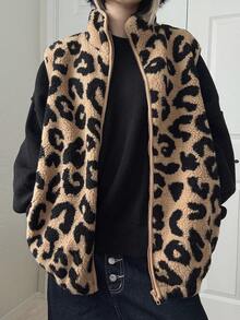 FRIFUL 女士棕色豹纹蓬松无袖宽松休闲百搭叠穿背心，常规外套，秋季女式外套