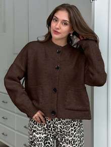 Damen weiche, warme und gemütliche Rundhalskardigan mit Knopfverschluss, 2 Taschen, Drop-Shoulder, ideal für kühle Tage