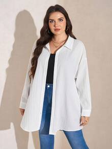 Comfylo Winter Clothes Textured Casual Plus Size Solid Color Summer Long Sleeve Blouse Shirt - White - View 3