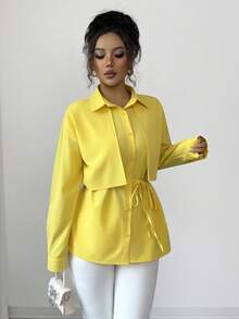 Elenzga Women's Yellow Drop Shoulder Long Sleeve Single-Breasted Casual Shirt - Yellow - View 6