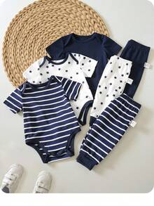 SHEIN 6pcs/Set Newborn Baby's Comfortable Casual Cute Patchwork Striped & Star Pattern Short Sleeve Bodysuit And Long Pants Set, Suitable For Indoor, Outdoor, Casual, Sports, Play, Party, Photography, Holiday, Baby Shower, Festivals, Etcetera - Spring/Summer - Multicolor - View 1
