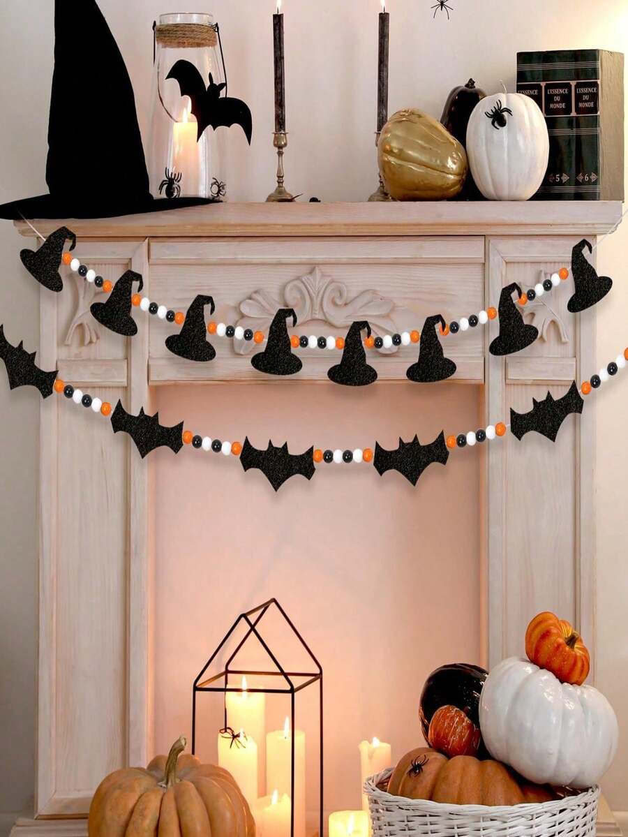 1/2pack Witch Halloween Garland, Felt Witch Decorations Halloween Wooden Beads Garland For Bedroom Haunted House Fireplace Wall Indoor Outdoor - Multicolor - Ver 1