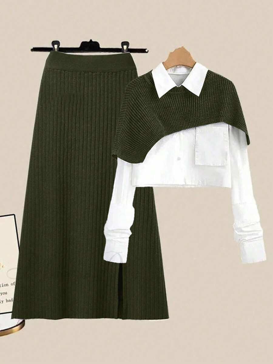 GlowEve 2pcs Women Casual Knit Crew Neck Ribbed Versatile Sweater Set - Army Green - View 1