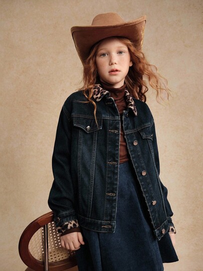 SHEIN Chaqueta vaquera azul oscuro con cuello de piel de leopardo falsa 2 en 1 para niña preadolescente, estilo escolar vintage Y2K, informal, adecuada para salidas diarias, escuela, viajes, reuniones, hogar, temporada de vuelta al colegio, vacaciones
