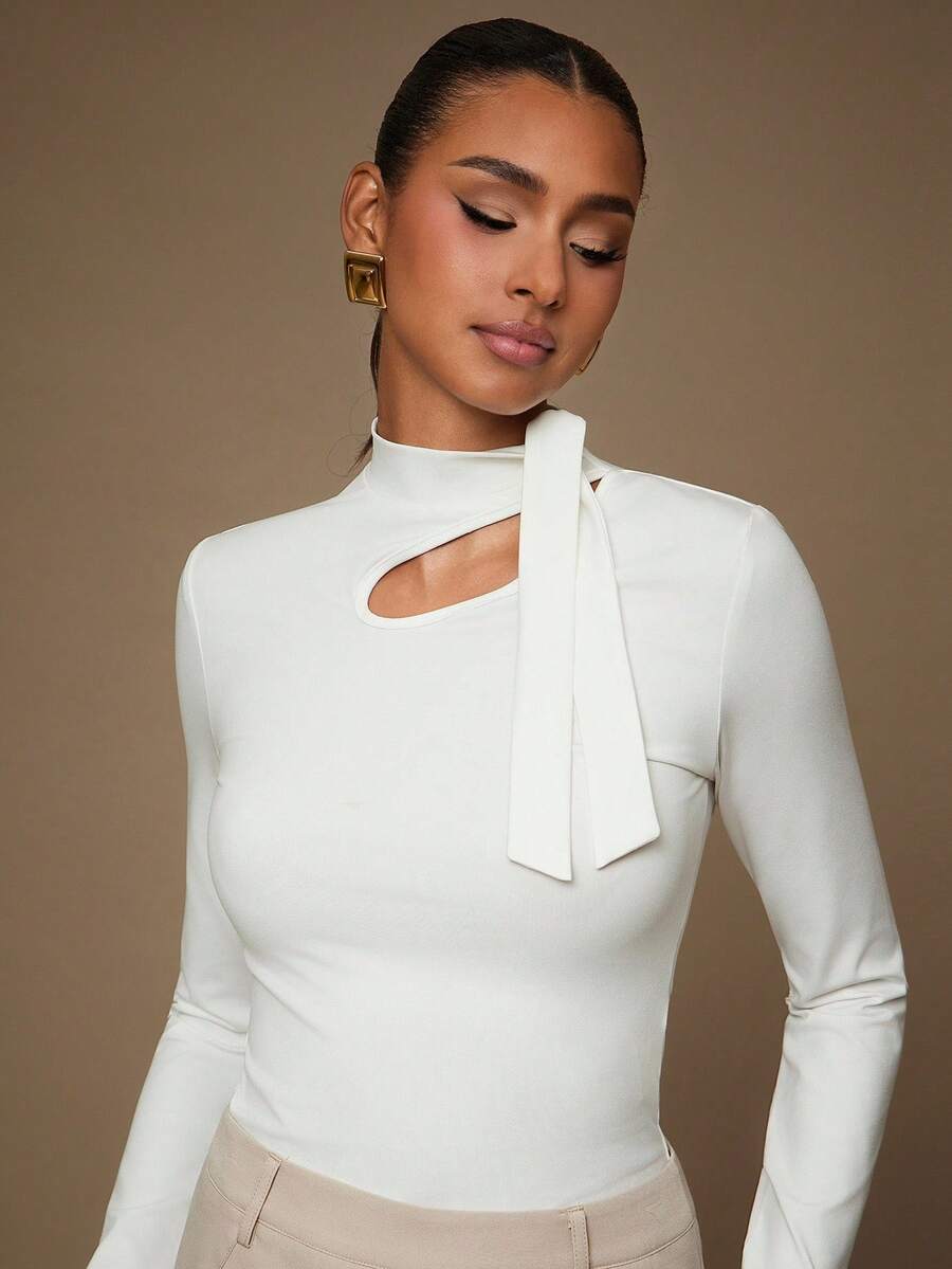 L'Amorae Women's Hollow Collar Tie Waist Elegant Long Sleeve Blouse - White - View 1