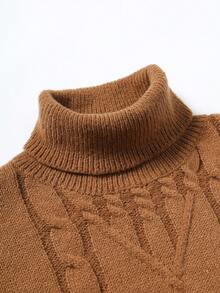 Manfinity Mode 男士休闲粗针织高领长袖毛衣，秋冬 - 駝色 - 查看 6