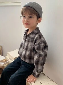 DAZY 男童休闲宽松格子衬衫，日系秋季款 - 棕色 - 查看 8