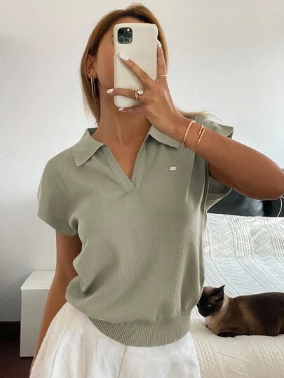 Livesso 女士纯色修身针织 POLO 领上衣，休闲通勤，春夏季