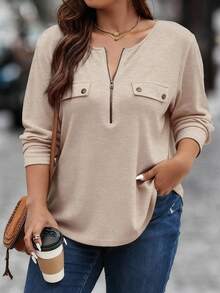 EMERY ROSE Plus Size Women's Solid Color Zip-Up Half Placket Long Sleeve Casual T-Shirt - Camel - View 1