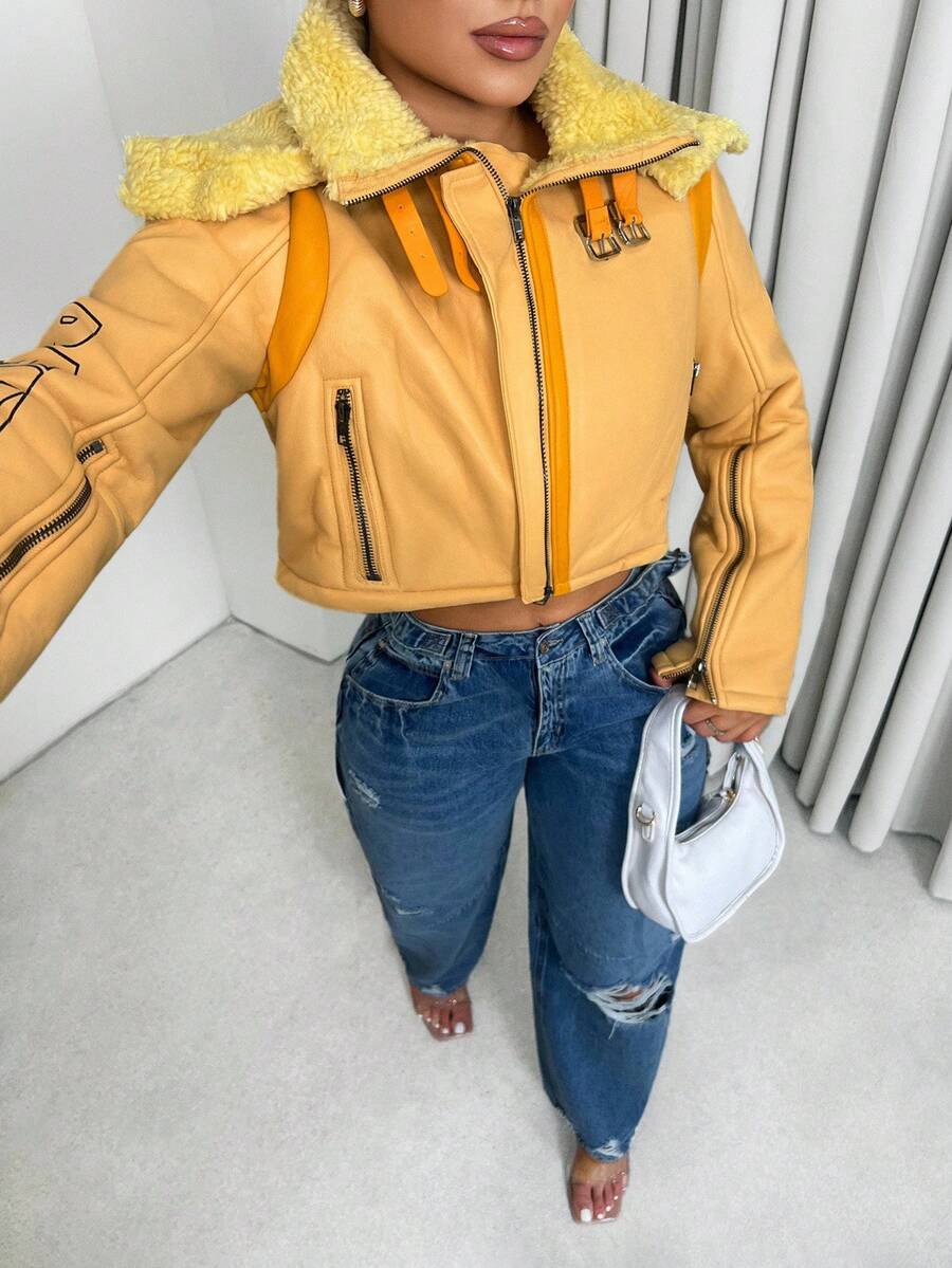 Sirith New Style Jacket: Short Teddy Bear Velvet Lining Zipper Motorcycle Jacket, Fur And Leather Integrated Printed Yellow Jacket, With Detachable Collar - Yellow - View 1