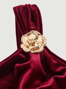 SHEIN MOD 大码复古优雅女式单肩金属扣长裙，天鹅绒美人鱼裙，酒红色，冬季连衣裙 - 酒紅色 - 查看 6