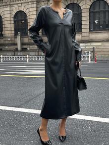 女式休闲纯色长袖腰系带中长连衣裙 - 黑色 - 查看 4