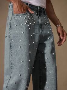 AKNOTIC Men's Casual Washed Rivet Decorated Denim Jeans - Baby Blue - View 7
