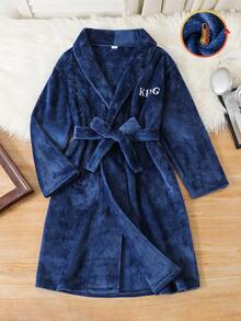 SHEIN 2 件套 Tween Boy 字母印花保暖内衬连帽睡袍，腰部系带，柔软舒适双面毛绒家居服睡衣套装 - 寶藍色 - 查看 8
