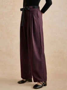 Écloséra 女士休闲撞色腰带褶皱长宽松裤，秋冬 - 酒紅色 - 查看 3