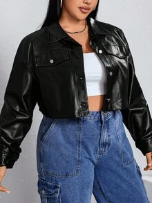 SHEIN EZwear Plus Drop Shoulder Flap Detail Crop PU Leather Jacket Winter Fall Autumn - Black - View 6