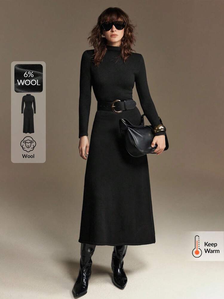 2026SS Spring/Summer Women's Knitted Blend Party/Vacation Dress, Elegant Minimalist Urban Style, Solid Black Color, Soft Knit Fabric, Fitted Waist, Long Sleeve, Small Stand Collar, Business Casual, Daily Wear, Spring/Summer, Wedding Guest, Vacation Party, A-Line, Fashionable Versatile Women's Dress