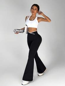 Dewbera 女式喇叭瑜伽裤，优雅廓形设计运动长裤 - 黑色 - 查看 4