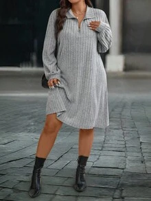 EMERY ROSE Plus Size Casual Elegant Loose Long Sleeve Solid Color Dress For Women - Grey - View 6