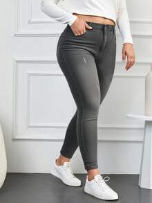EURMUSE 98%Cotton Plus High Waist Ripped Skinny Jeans - Dark Grey - View 3