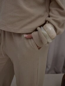 MUSERA Drawstring Waffle Knit Wide Leg Relaxed Trouser Streetwear Classy Casual Sexy Going Out Fall Autumn Toffee Winter Party - Khaki - View 6