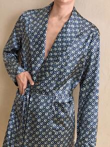 Men's Geometric Print Pockets Robe With Belt, Winter