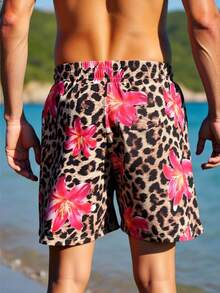 Manfinity Swimmode Men's Leopard Floral Pattern Elastic Waist Drawstring Casual Beach Shorts, Versatile For Summer
