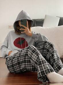 DAZY Women's Tomato Graphic Print Hoodie & Plaid Pants Pajama Set, Autumn/Winter, Fall Clothes - Grey - View 7
