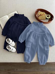 SHEIN 4pcs Baby Boys Casual Solid Color Thermal Lined Crew Neck Sweatshirt And Sweatpants Tracksuit Set, Warm For Autumn/Winter - Multicolor - View 4