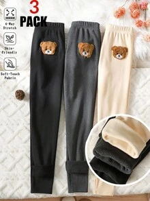 SHEIN 3件套少女休闲基础款可爱卡通贴布刺绣毛绒贴布打底裤，保暖内衬，罗纹针织，黑色、深灰色、卡其色可选 - 彩色 - 查看 6