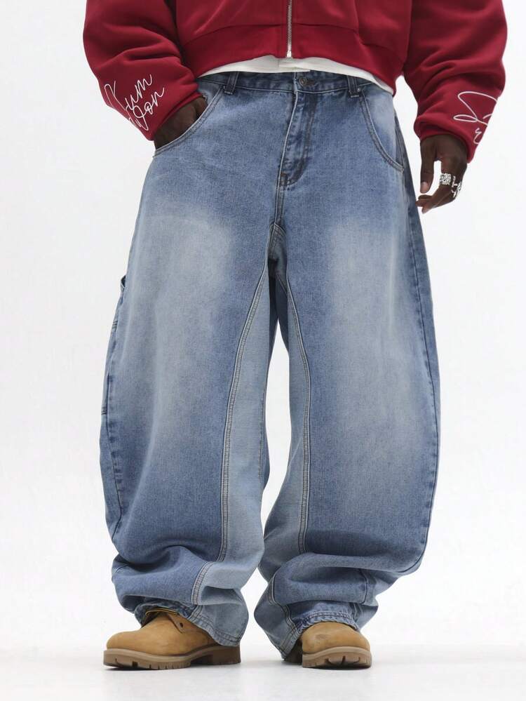 Wide Leg Vintage Wash Denim Jeans With Utility Pockets