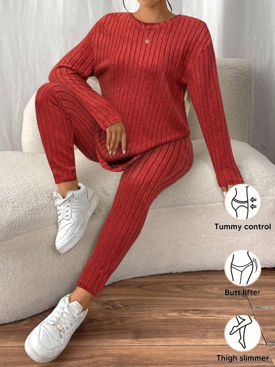 SHEIN Frenchy Áo thun dệt kim gân trễ vai và quần legging vải họa tiết hai mảnh - Đỏ - Xem 1