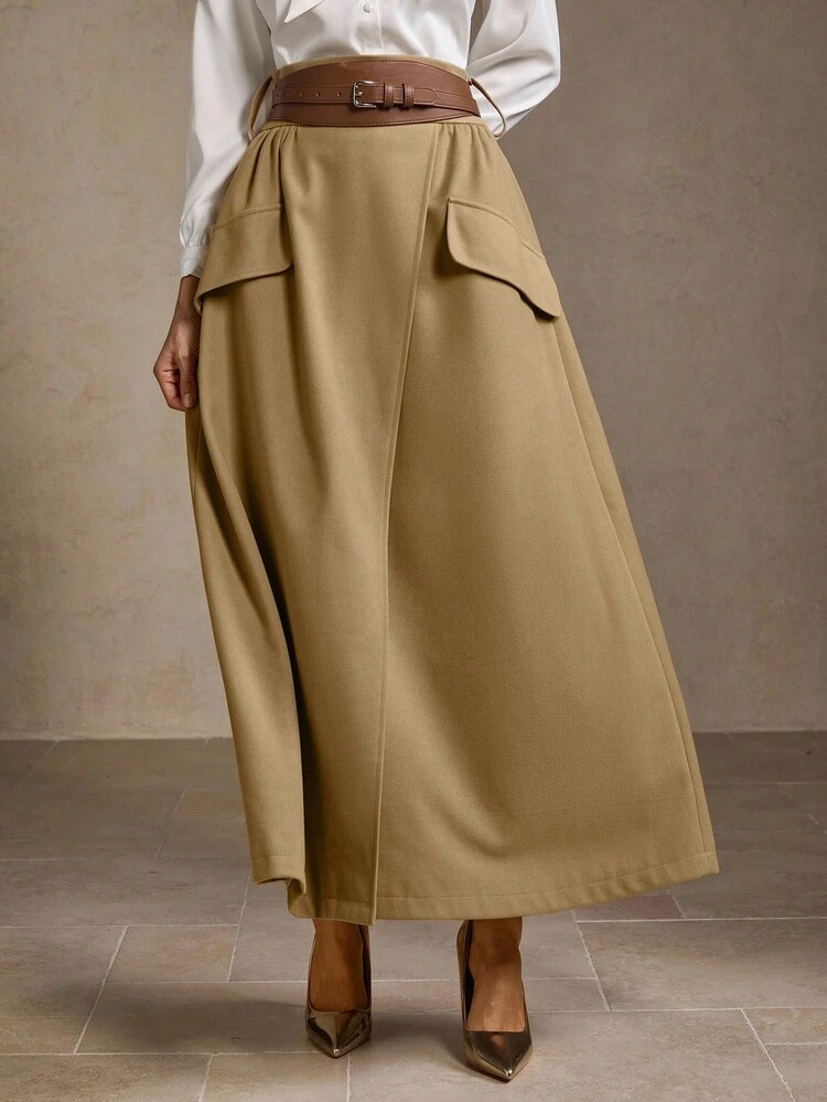 WOMEN'S KHAKI SKIRT, UNIQUE HIGH-END DESIGN WITH BELT, AUTUMN/WINTER A-LINE SKIRT, ELEGANT AND VERSATILE SLIMMING