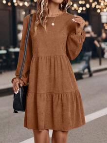 EMERY ROSE Robe décontractée pour femmes à col rond, manches lanternes et volants à l'ourlet